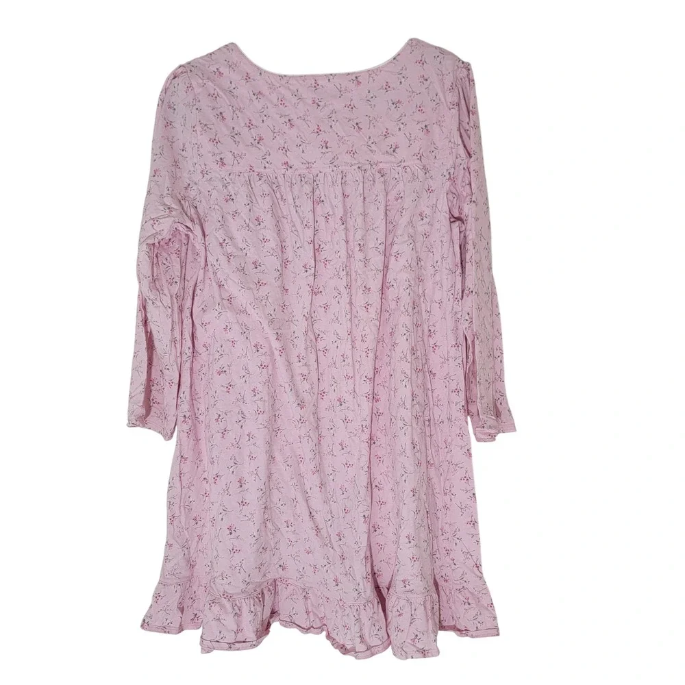 Eileen West Jersey Knit Long Sleeve Short Pink Floral Cotton Nightgown sz L EUC‎